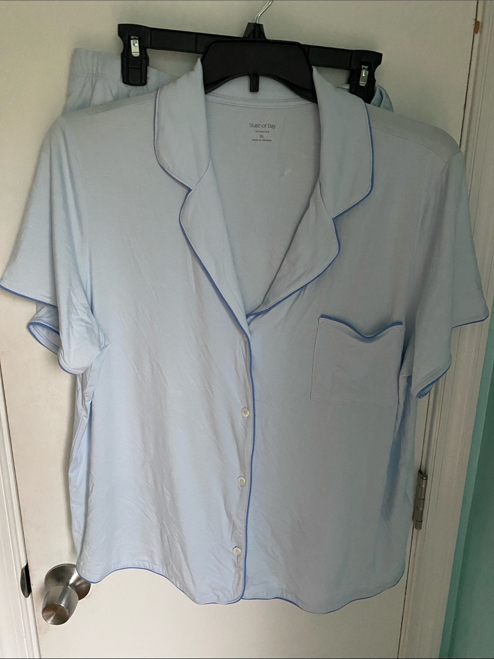 State of Day Blue Short Sleeve Pajama Top with Contrast Piping